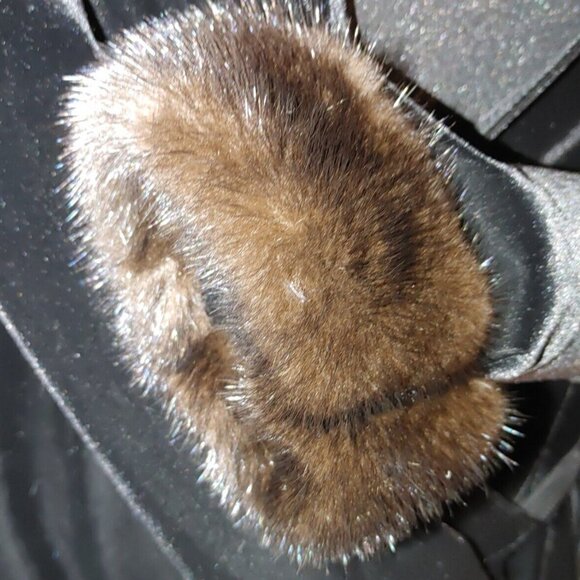 Black Velvet Wrap Size L Mink Fur Cuffs Long Sleeves Adjustable Waist Tie Blouse - Picture 7 of 12